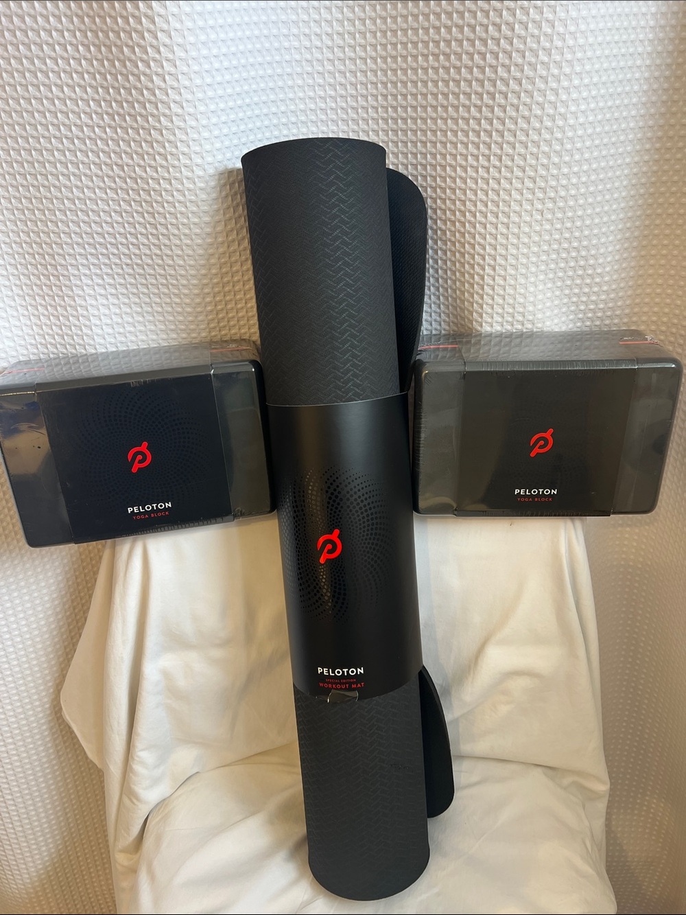 Peloton Black Yoga Mat and Blocks with Red Logo Accents